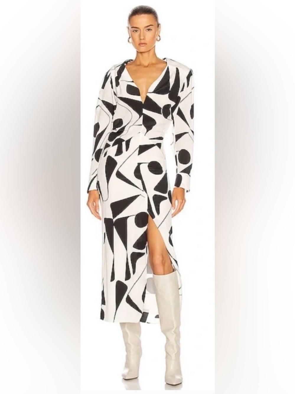 Isabel Marant Black & White Geometric Long Sleeve Midi Dress with Slit